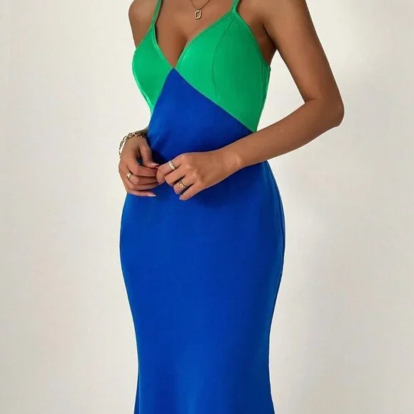 Multicolor Sexy Women's Colorblock Spaghetti Strap Mermaid Dress - Picture 8 of 8